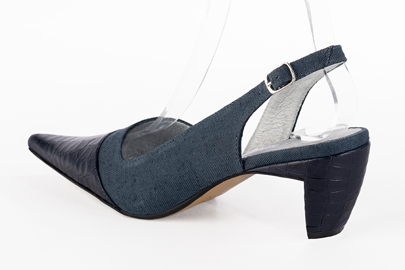 Navy blue women's slingback shoes. Pointed toe. Medium comma heels. Rear view - Florence KOOIJMAN